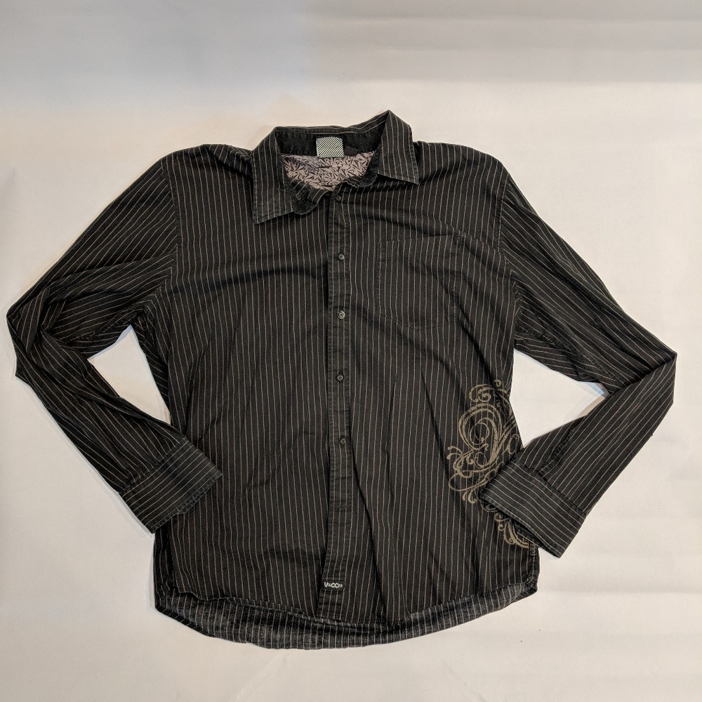 Volcom Men Black Pinstripe Long Sleeve Button Up L